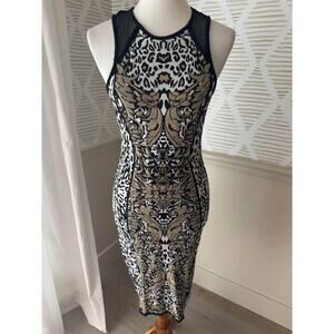 Cache Women's Medium Black Gold Knit Leopard Animal Print Bodycon Pencil Dress